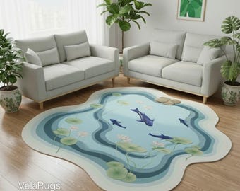 Alfombra de estanque de carpas koi tejida a mano, alfombra de lana irregular, escena acuática de nenúfares.