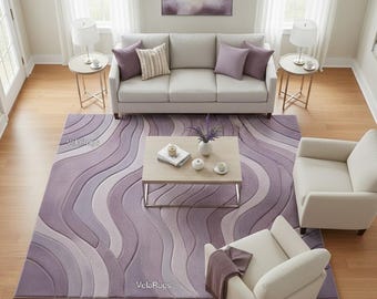Hand-Tufted Wavy Lavender Rug, Modern Abstract Living Room Carpet, Soft Textured Area Rug