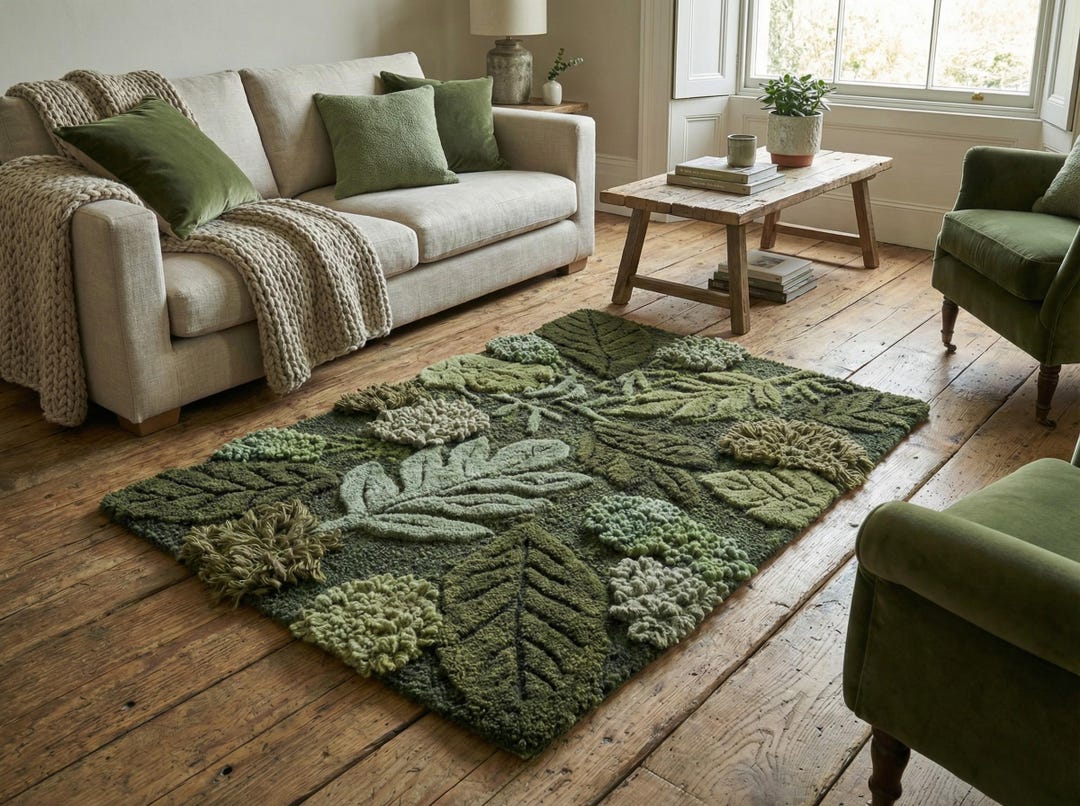 3D Textured Moss & Leaf Area Rug | Forest Floor Bedroom Decor | Wool ...