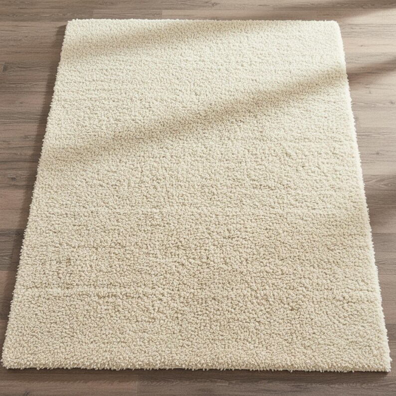 Mustard hand-tufted shag rug in a modern living room; soft yellow solid-color wool rug on light wood floor.