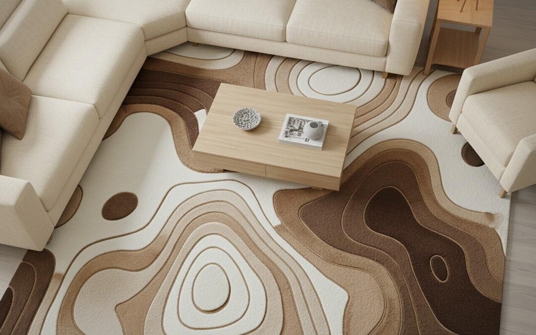 Hand Tufted Wool Area Rug: Beige Brown Topographic Contour Design - Etsy