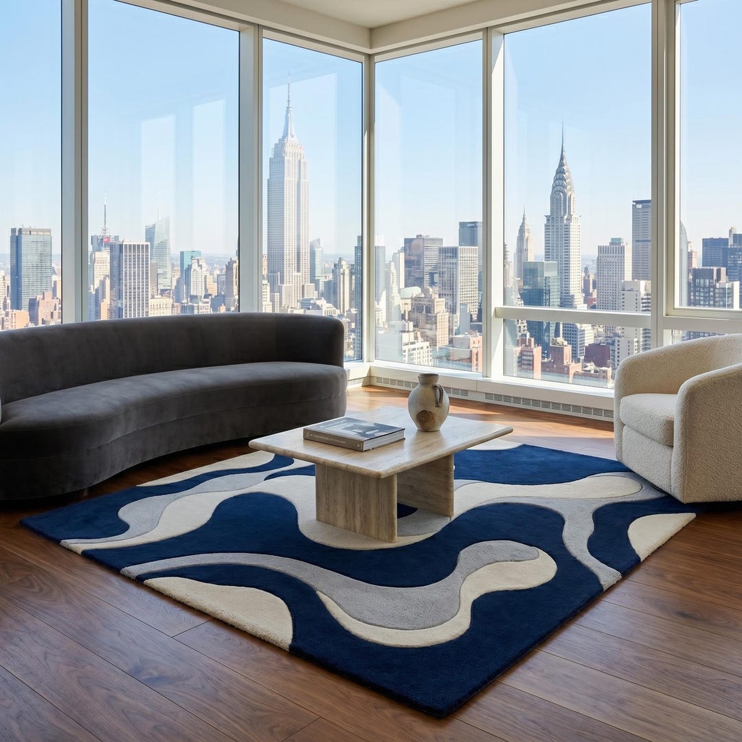 Hand Tufted Navy Blue Abstract Rug | Modern Wool Carpet | Living Room ...