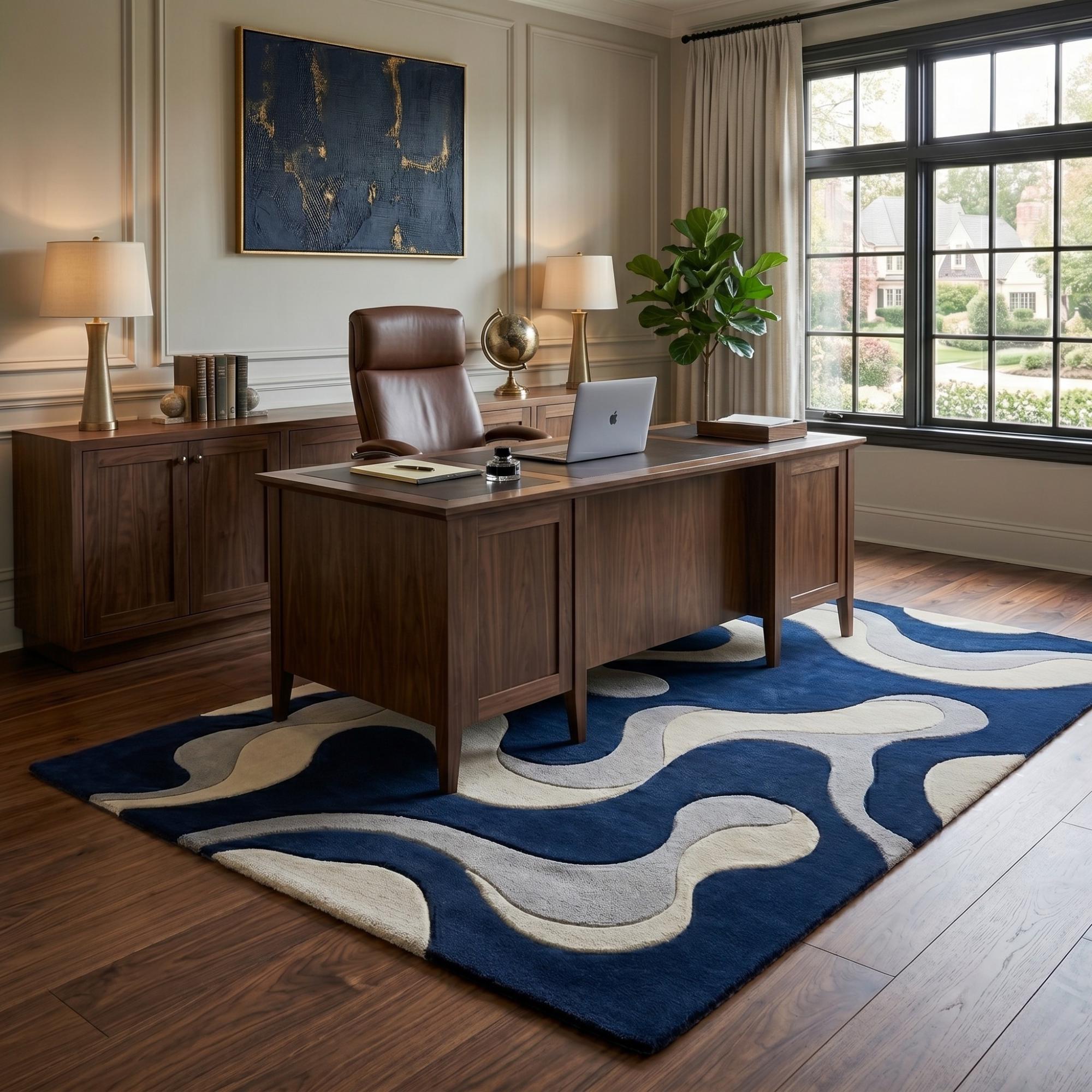 Hand Tufted Navy Blue Abstract Rug | Modern Wool Carpet | Living Room ...