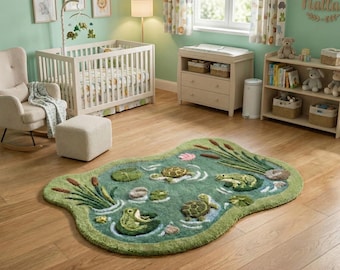 Frog Pond Rug Tufted Green 3D Plush Area Carpet, Whimsical Kids Bedroom or Nursery Decor, Nature-Inspired Playful Floor Rug