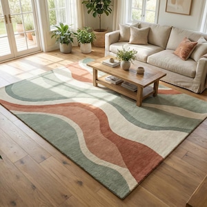 Hand Tufted Abstract Rug Modern Wavy Pattern Carpet Green Rust Beige Floor Decor Living Room Bedroom Minimalist Artistic Statement Piece