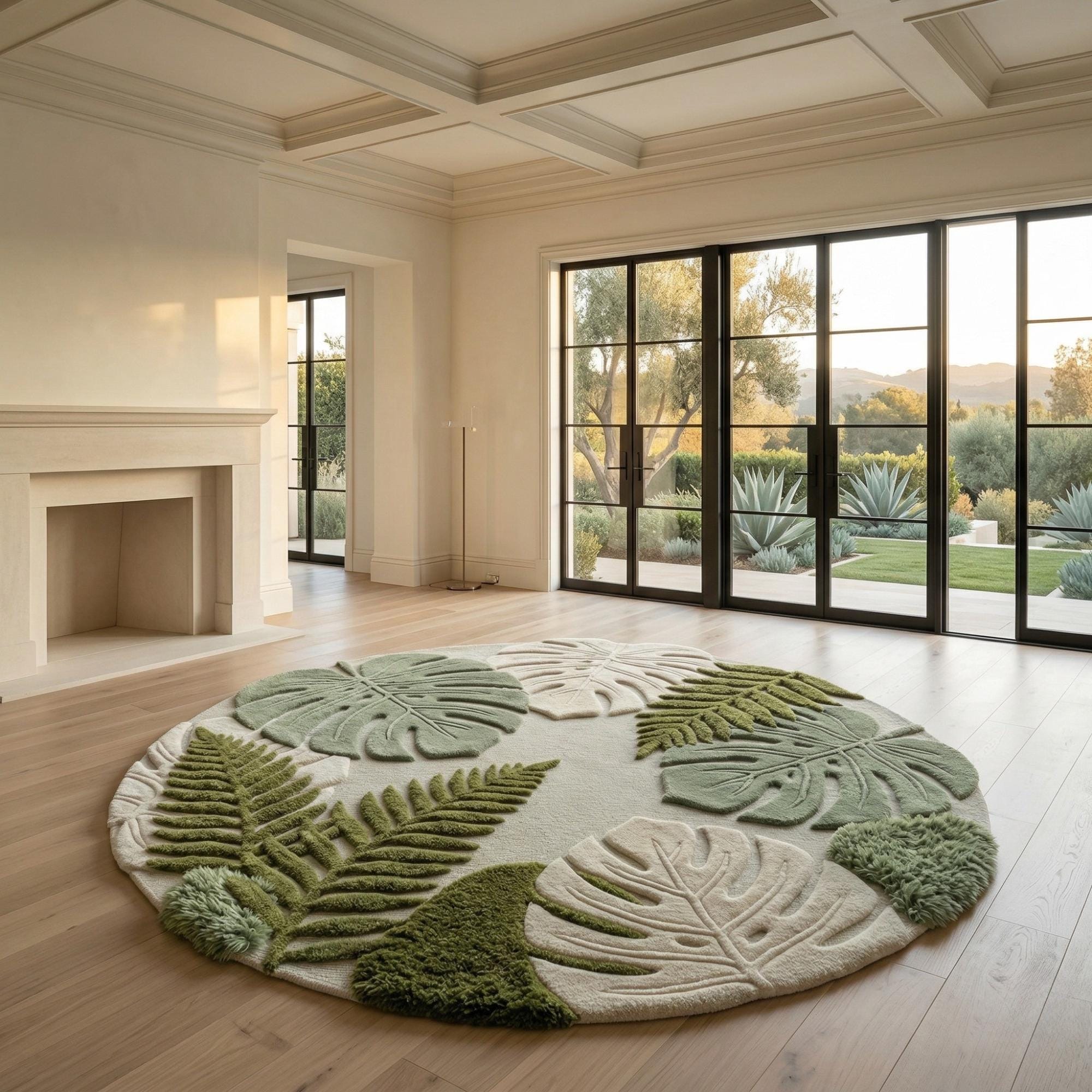 Round Botanical Leaf Rug | Tropical Style | Hand Tufted Wool | Living ...