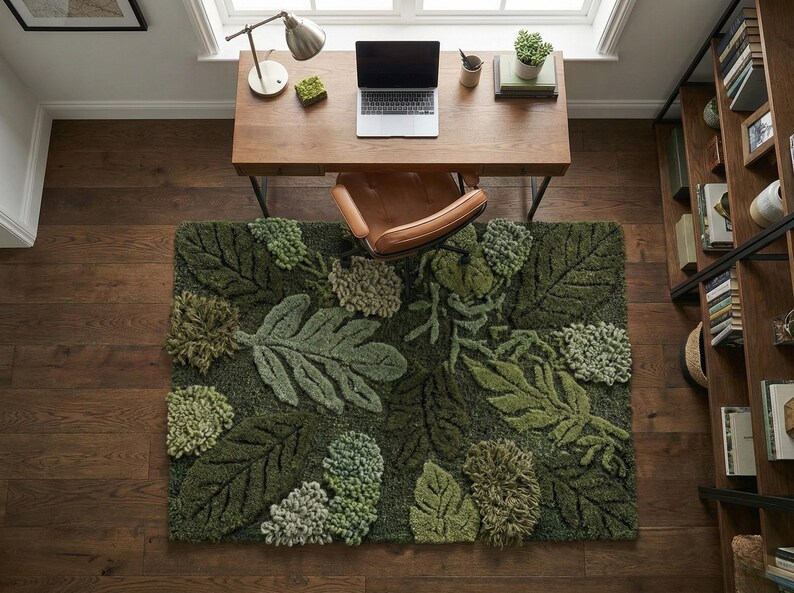 3D Textured Moss & Leaf Area Rug | Forest Floor Bedroom Decor | Wool ...