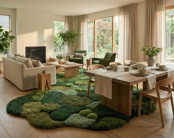 3D Moss Rug – Hand Tufted Wool Forest Green Area Rug, Biophilic Woodland Floor Art