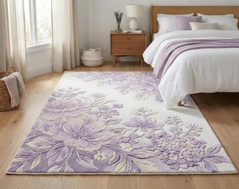 Lavender Cream Floral Modern Area Rug | Thick Pile Bedroom Living Room | Hand-Tufted Wool Carpet
