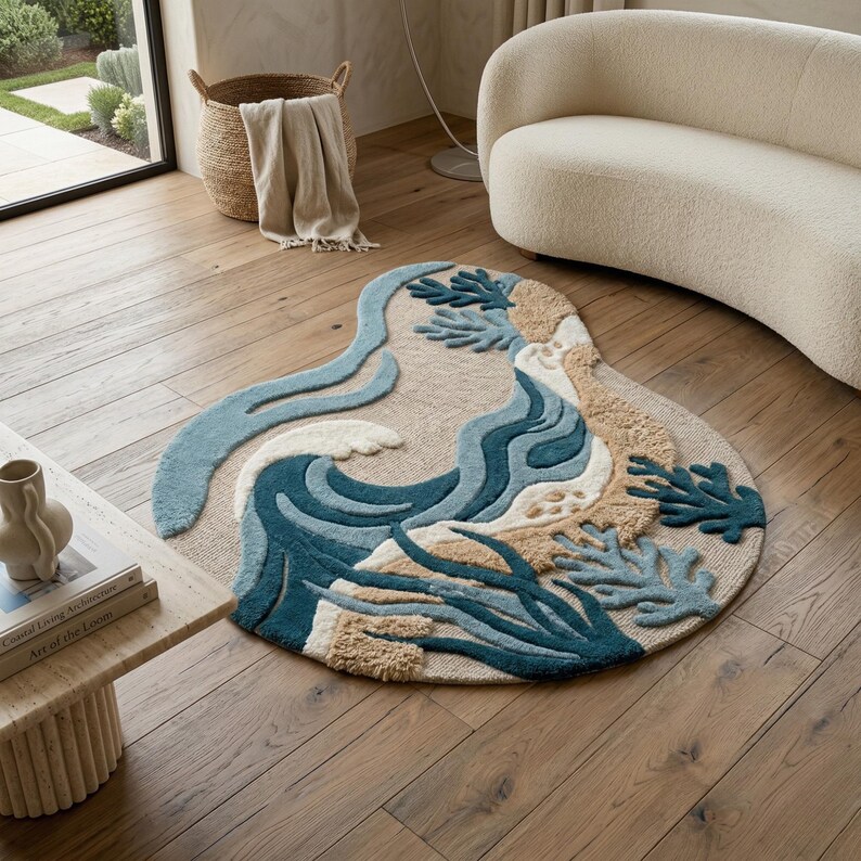 Ocean Wave Hand Tufted Wool Rug | Coastal Living Room | Custom Sizes - Etsy