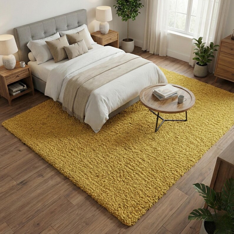 Mustard hand-tufted shag rug in a modern living room; soft yellow solid-color wool rug on light wood floor.