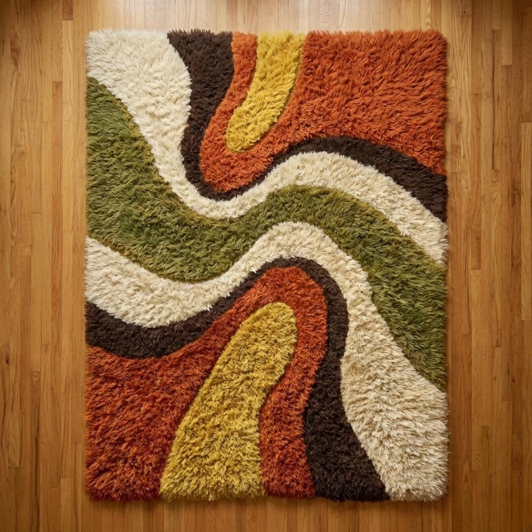 Hand Tufted Shag Rug, 70s Retro Wavy Swirl, Earth Tones, Mid-century ...
