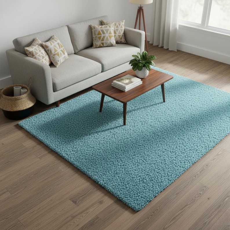 Mustard hand-tufted shag rug in a modern living room; soft yellow solid-color wool rug on light wood floor.