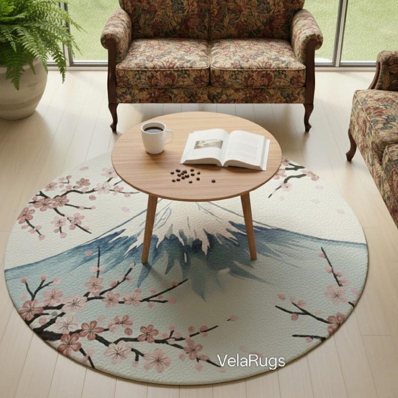 Cherry Blossom Rug Hand Tufted Pink Blue Floral Round Sakura Carpet - Etsy