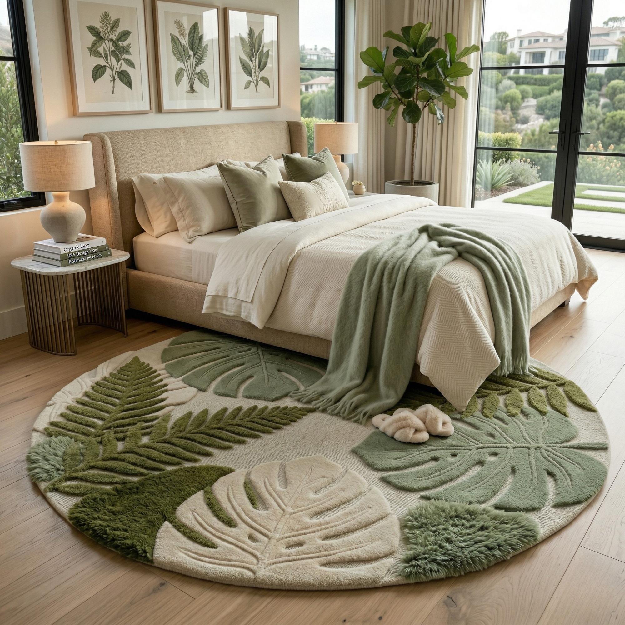 Round Botanical Leaf Rug | Tropical Style | Hand Tufted Wool | Living ...