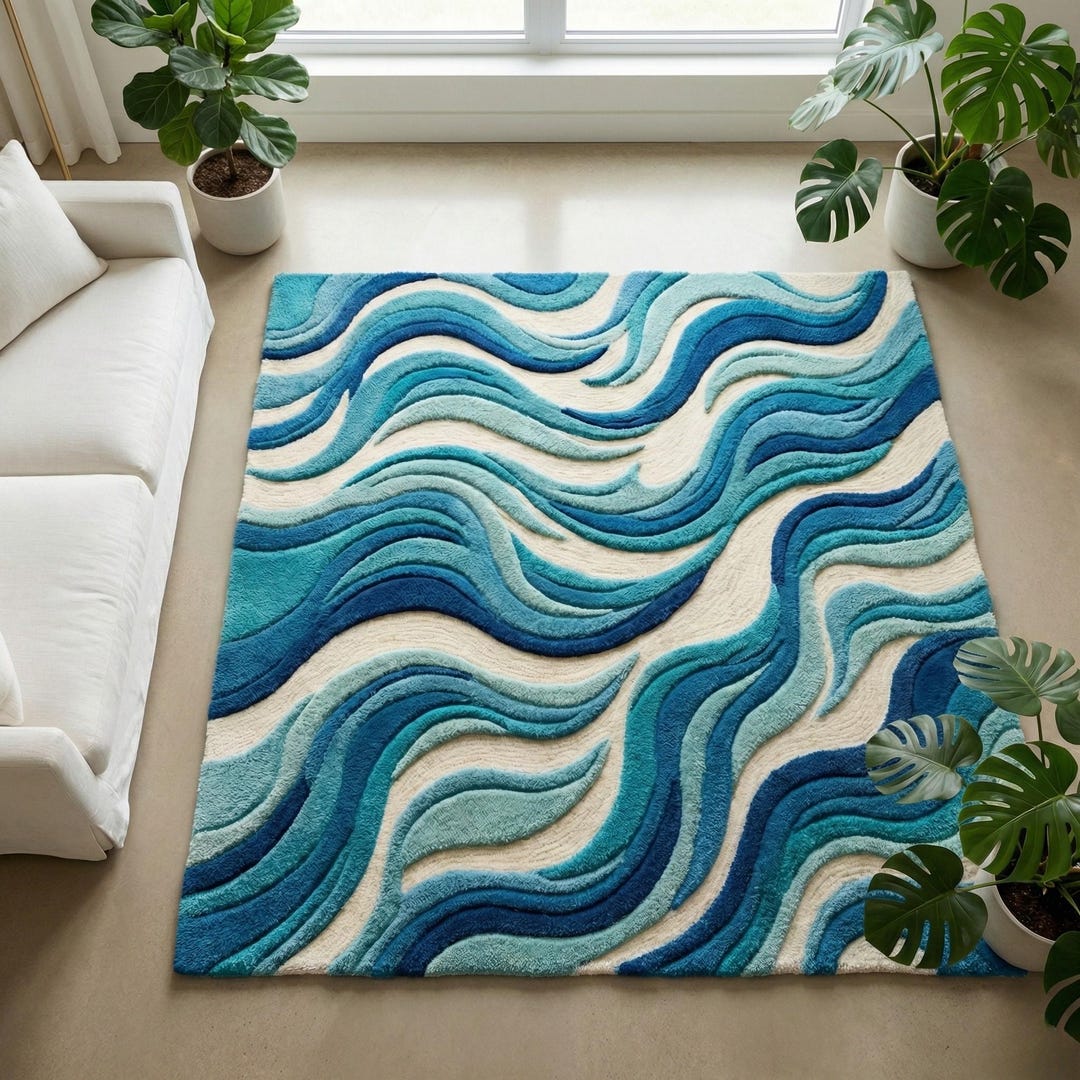Wool Wave Rug Hand-tufted Wool Ocean Wave Rug, 8x10 Coastal Living Room Decor, 3D ...