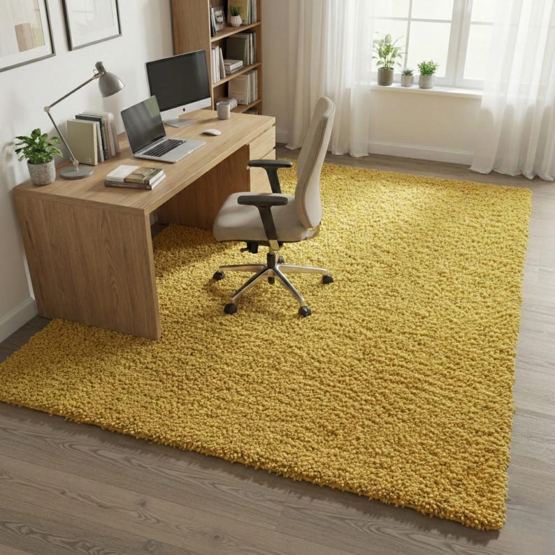 Mustard hand-tufted shag rug in a modern living room; soft yellow solid-color wool rug on light wood floor.