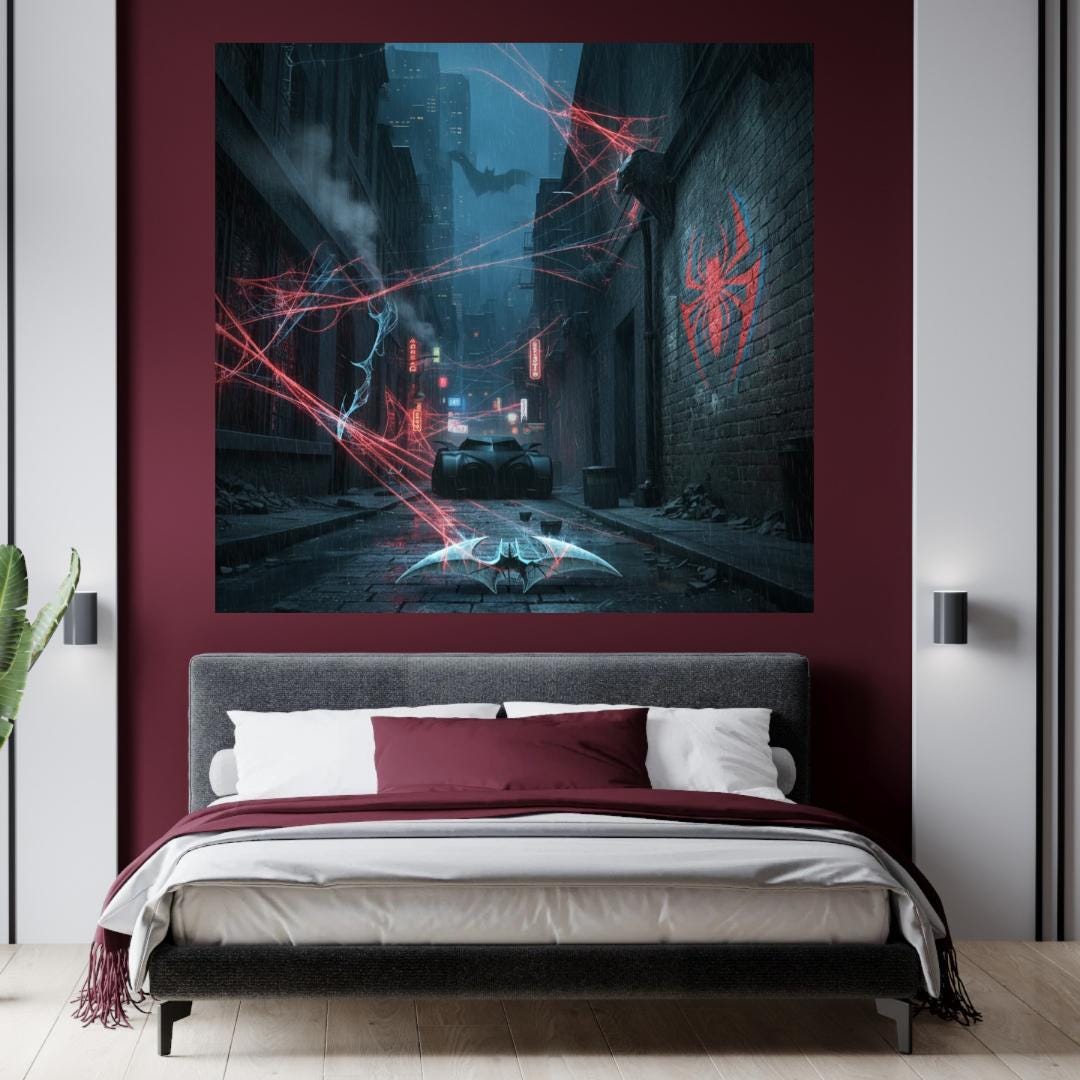 Webbed Shadows Batman X Spiderman — Webbed Gotham Shadows Art Print | Cinematic Fusion ...