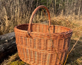 Grote rieten mand met handvat – ovale boodschappenmand, picknickmand, marktmand van riet, handgeweven natuurlijke mand