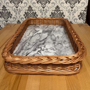 Wicker Serving Tray – Handwoven Willow Tray with Marble Base, Rustic Serving Tray, Home Decor