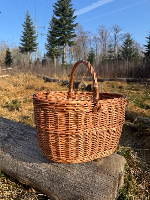 Großer Weidenkorb mit Griff – Ovaler Einkaufskorb, Picknickkorb, Marktkorb aus Weide, Handgeflochtener Korb Natur