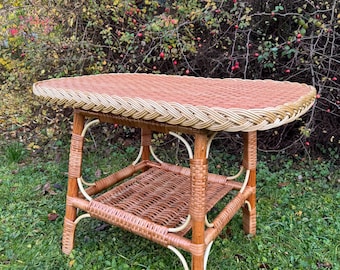 Rotan tafel, handgeweven salontafel van wilgenhout – Boho rotan tafel, vintage bijzettafel van natuurlijk hout