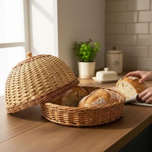Op de afbeelding: Een geweven broodmand met een gewelfde deksel, met daarin verschillende broden. De mand staat op een houten aanrecht, met handen die naar een brood grijpen. De scène wordt verlicht door natuurlijk licht.