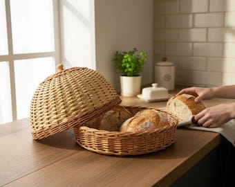 Brooddoos van wilgentakken met deksel, 37 cm – geweven broodmand / broodbewaarplaats van wilgentakken, rustieke landelijke keukendecoratie