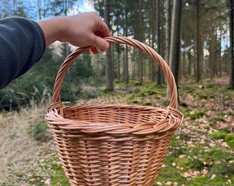 Handgeweven wilgenmand met handvat – Paasmand, paddenstoelenplukmand, rustieke boerderijdecoratie, natuurlijke rieten mand, geschenkmand