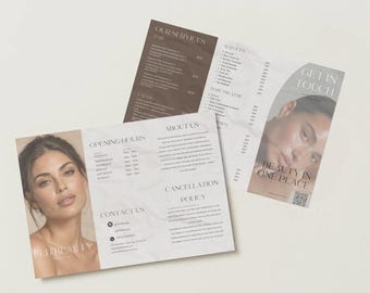 May include: A tri-fold beauty salon brochure featuring a brown and white colour scheme. The layout includes sections for services, pricing, opening hours, contact information, and a cancellation policy, alongside photographs of individuals and a QR code.