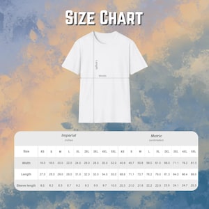 May include: A white t-shirt with a size chart overlay. The chart includes measurements in inches and centimeters for width, length, and sleeve length, ranging from XS to 5XL. The text "SIZE CHART" is at the top.