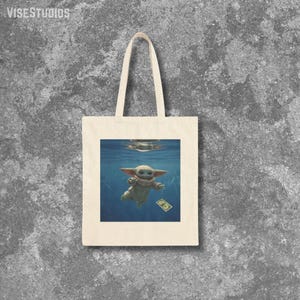Baby Yoda Nevermind Album Cover Tote Bag | Floating Baby Alien with Dollar Bill Tote Bag