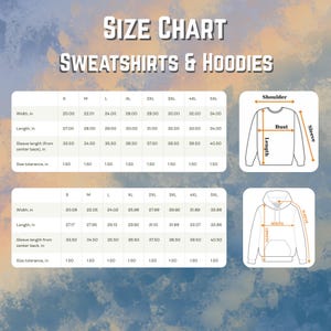 May include: A size chart for sweatshirts and hoodies, with measurements in inches for width, length, and sleeve length. Includes diagrams illustrating how to measure the shoulder, bust, and sleeve.
