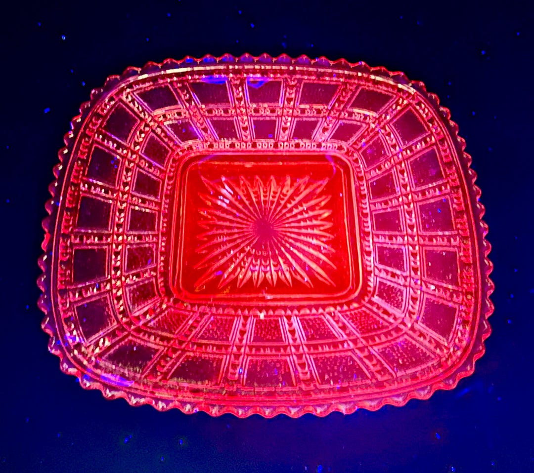 Imperial Glass Beaded Block Selenium Glow Plate Pink Depression Style ...
