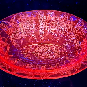 Könnte beinhalten: Eine rote, ovale Servierschale aus Glas mit einem Blumen- und Blattdesign. Das geätzte Muster zeigt poinsettienartige Blüten und Blätter. Die Schale wird von einem roten Glühen beleuchtet, was einen auffälligen visuellen Effekt erzeugt.