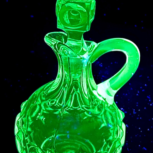 Vintage UV Reactive Glass Cruet Decanter Manganese Glow Applied Handle Stopper Bottle Antique Style Collector Piece