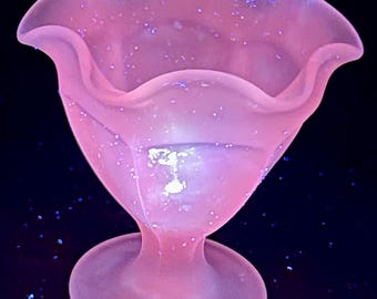 Vintage Pink Satin Glass Pedestal Compote Selenium Glow Candy Dish Ruffled Rim UV Reactive 365nm