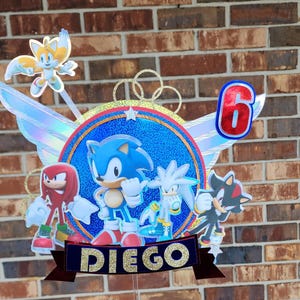 Sonic the Hedgehog Birthday Cake Topper | Personalized Name & Age | Sonic Party Decorations | Blue and Red Glitter | Custom Gamer Cake Toppe
