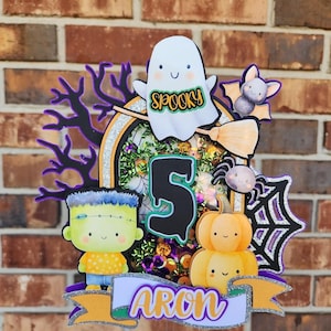 Personalized Halloween Birthday Cake Topper: Spooky Frankenstein, Ghost & Pumpkin