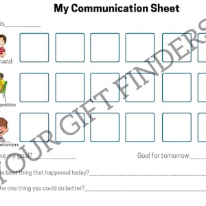 May include: A white communication sheet with the title "My Communication Sheet" at the top. The sheet includes spaces for goals, positive behaviors, and a goal for tomorrow. Illustrations depict raising a hand, listening, and positive behaviors.