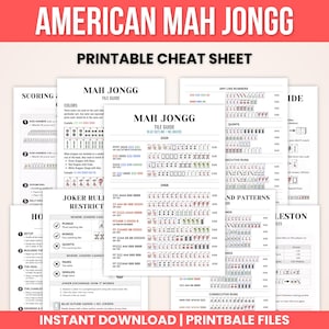 May include: A printable cheat sheet for American Mah Jongg, featuring various tile combinations, scoring guides, and rules. The design includes text and diagrams in black and white, with red accents. The title "American Mah Jongg" is prominently displayed at the top.