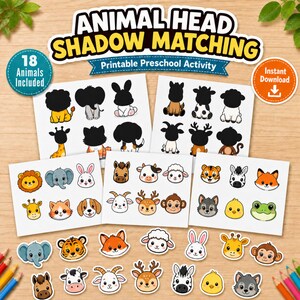 May include: A printable preschool activity featuring animal head shadow matching. The set includes 18 animals, with colorful illustrations and their corresponding shadows. The design includes a variety of animals, such as lions, elephants, and rabbits.