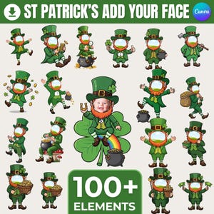 May include: A collection of St. Patrick's Day-themed digital elements. The image features multiple cartoon leprechauns in green outfits, hats, and beards, along with a baby leprechaun. The text "ST PATRICK'S ADD YOUR FACE" and "100+ ELEMENTS" are also included.