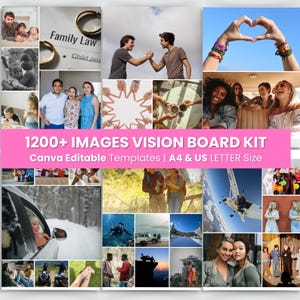 May include: A vision board kit with multiple images, including family, friends, and nature scenes. The text "1200+ IMAGES VISION BOARD KIT" is displayed in pink, with "Canva Editable Templates | A4 & US LETTER Size" below.