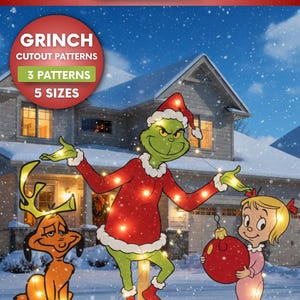 Può includere: Sagome del Grinch per decorazioni natalizie da esterno. L'immagine mostra tre personaggi della storia del Grinch, tra cui il Grinch, Max e Cindy Lou Who, con il testo "3 Patterns" e "5 Sizes". I personaggi sono illuminati con luci a catena.