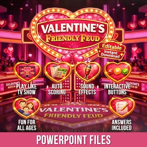 Op de afbeelding: Een digitaal Valentine's Friendly Feud-spel met een hartvormig ontwerp. Kenmerken zijn onder meer interactieve knoppen, geluidseffecten en automatisch scoren. De game is ontworpen om te spelen als een tv-show en is leuk voor alle leeftijden. Inclusief PowerPoint-bestanden.