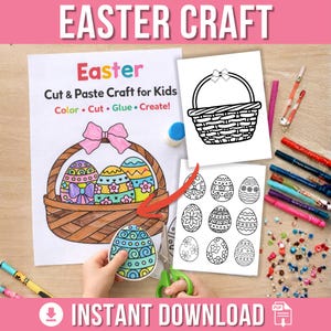 Klipp och klistra med påskäggskorg | Utskrivbar målaraktivitet för barn | 3D-påskpyssel | Klassrum och hemundervisning