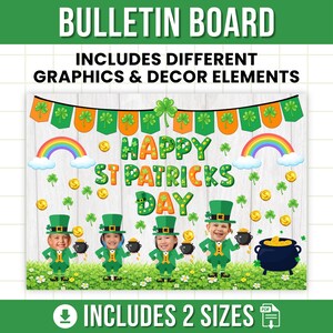 Puede incluir: Un tablón de anuncios del Día de San Patricio con el texto "Happy St. Patrick's Day". El diseño incluye arcoíris, tréboles, monedas de oro y figuras de duendes. El banner superior dice "Bulletin Board" y "Includes Different Graphics & Decor Elements".