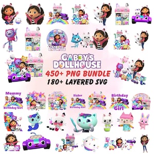 May include: A collection of Gabby's Dollhouse themed digital graphics. The image includes various characters, vehicles, and buildings from the show. Text on the image reads "Gabby's Dollhouse 450+ PNG Bundle 180+ Layered SVG".