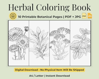 薬草植物の塗り絵、植物の線画ページ（デジタルダウンロード）